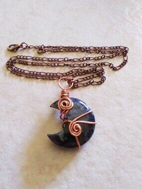 Gray Silver Black Larvikite Moon Necklace! Wire Wrapped with Copper Jewelry Wire